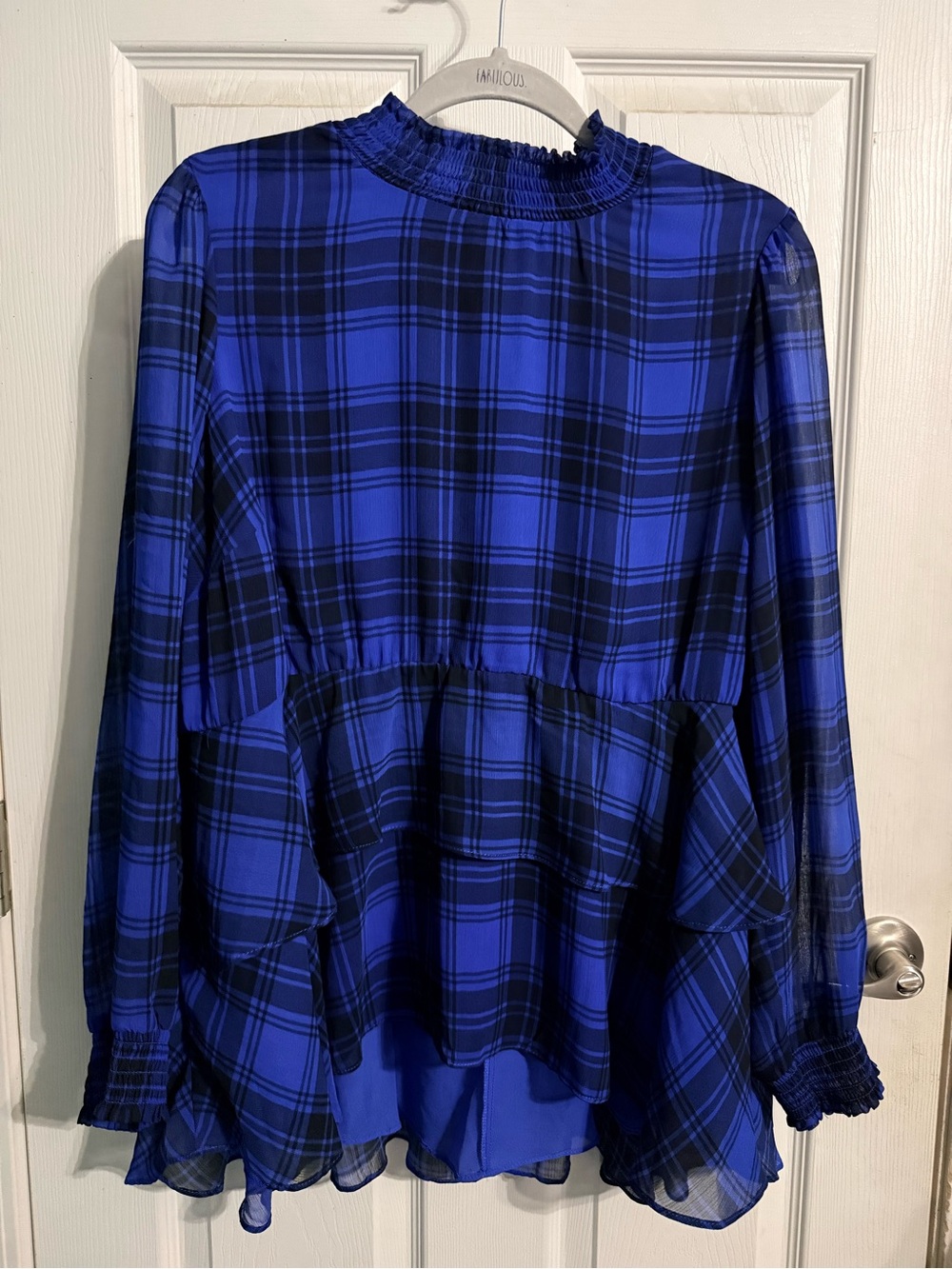 Torrid Crinkle Chiffon Royal Blue and Black Plaid Ruffle Peplum Blouse
